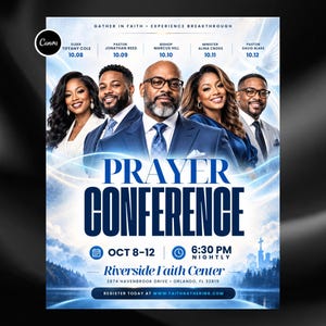 Peut inclure: Un dépliant pour une conférence de prière présentant cinq personnes en tenue professionnelle. Le texte indique GATHER IN FAITH, EXPERIENCE BREAKTHROUGH, PRAYER CONFERENCE, OCT 8-12, 6:30 PM NIGHTLY, Riverside Faith Center, 2874 Havenbrook Drive, Orlando, FL 32819.