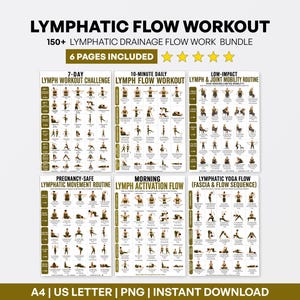 Può includere: Un pacchetto digitale intitolato LYMPHATIC FLOW WORKOUT con oltre 150 esercizi su 6 pagine. Il documento include una sfida di 7 giorni, un flusso giornaliero di 10 minuti, una routine a basso impatto, movimenti sicuri in gravidanza e yoga. Formati A4 e US Letter.
