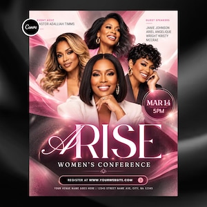 May include: A promotional flyer for the ARISE Women's Conference on 14 March at 5 PM. The design features four smiling individuals, pink and black abstract flowing backgrounds, and text including event host Pastor Adalliah Timms and guest speakers.