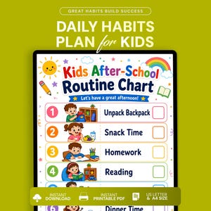 May include: A daily habits plan for kids routine chart featuring the text Kids After-School Routine Chart and Let's have a great afternoon! The chart includes numbered steps with illustrations for tasks like Unpack Backpack, Snack Time, Homework, and Reading.
