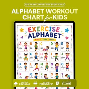 Poster con la tabella degli esercizi dell'alfabeto per bambini, tabella di esercizi ABC per bambini, pausa per la classe, attività di educazione fisica, materiale stampabile per il fitness a casa