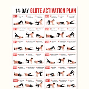 Könnte beinhalten: Ein 14-Tage-Plan zur Gluteus-Aktivierung mit roten Überschriften und schwarzem Text. Das Dokument zeigt eine Reihe nummerierter täglicher Trainingsroutinen, jeweils begleitet von kleinen Illustrationen einer Person bei Bodenübungen.