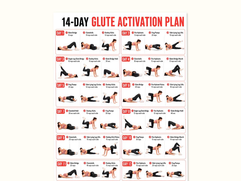 Printable Basic Daily Exercise Routine Glute Workout Poster | 14 Day Glute Activation Challenge | Daily Glute ...
