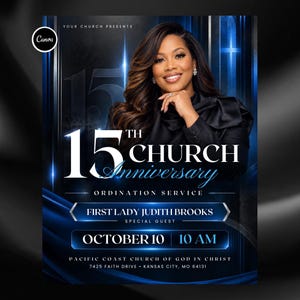 Puede incluir: Un folleto para el 15º aniversario de una iglesia y servicio de ordenación con un retrato de First Lady Judith Brooks. El diseño utiliza un esquema de color azul oscuro y negro con acentos de luz brillante, texto blanco y la dirección 7425 Faith Drive, Kansas City, MO 64131.