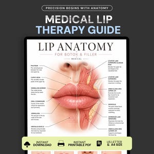 May include: A medical lip therapy guide featuring an anatomical diagram of human lips. The text reads: PRECISION BEGINS WITH ANATOMY, MEDICAL LIP THERAPY GUIDE, LIP ANATOMY FOR BOTOX & FILLER, INSTANT DOWNLOAD, INSTANT PRINTABLE PDF, US LETTER & A4 SIZE.
