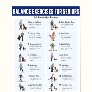 Può includere: Un poster didattico bianco intitolato Balance Exercises for Seniors: Fall Prevention Routine. Presenta 14 illustrazioni numerate di persone che eseguono movimenti con una sedia, inclusi sollevamenti delle gambe e squat.