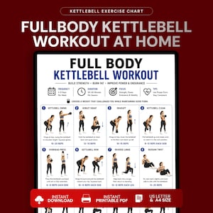 May include: A white rectangular kettlebell exercise chart with dark red borders. The text reads FULL BODY KETTLEBELL WORKOUT AT HOME. It features eight numbered illustrations of exercises with instructions, rep counts, and icons for frequency and duration.