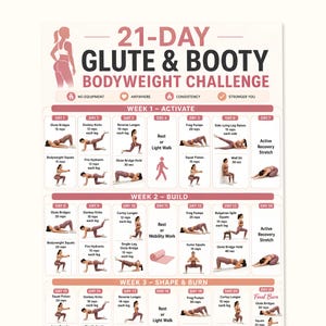 Op de afbeelding: Een 21-daagse billentraining-schema met lichaamsgewicht in een roze en wit kleurenschema. De poster toont dagelijkse oefenroutines met illustraties van bewegingen, herhalingen en tekstlabels voor drie weken aan trainingsschema's.