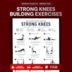 Könnte beinhalten: Eine weiße Anleitungstafel mit dem Titel Strong Knees Building Exercises, die zwölf nummerierte Illustrationen von körperlichen Übungen zeigt. Das Dokument enthält Text zu Häufigkeit, Dauer, Fokus und Tipps sowie eine rote Fußzeile mit Hinweisen auf Sofort-Download, druckbares PDF und US Letter- sowie A4-Format.