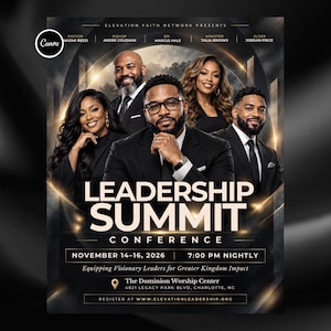 Könnte beinhalten: Ein Werbeflyer für die Leadership Summit Conference mit fünf Personen in formeller Geschäftskleidung. Der Text enthält Veranstaltungsdetails, die Daten vom 14. bis 16. November 2026, Beginn 19:00 Uhr täglich und den Ort, The Dominion Worship Center.