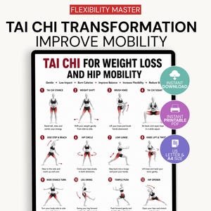 Könnte beinhalten: Eine digitale Anleitungstafel mit dem Titel Tai Chi for Weight Loss and Hip Mobility, die zwölf nummerierte Illustrationen von Übungsposen mit beschreibendem Text zeigt. Das Layout enthält drei kreisförmige Symbole für Sofort-Download, druckbares PDF sowie US Letter- und A4-Format.