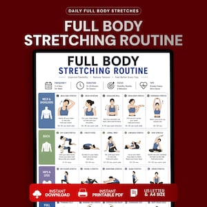 May include: A full body stretching routine chart featuring illustrated exercises for the neck, shoulders, back, hips, and legs. The document includes text headers, frequency, duration, and tips, with a dark red background and white text.
