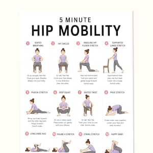 Può includere: Un poster didattico bianco intitolato 5 MINUTE HIP MOBILITY con dodici illustrazioni numerate di una persona con maglietta viola e leggings grigi che esegue vari esercizi di stretching, tra cui respirazione da seduti e affondi.