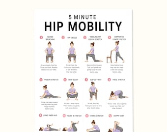 5 Minute Hip Mobility Poster, Daily Hip Stretch Routine, Hip Opening Exercises, Flexibility & Mobility Workout, Home Fitness Printable