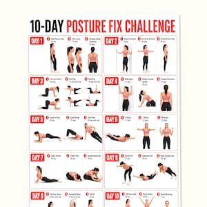 May include: A 10-Day Posture Fix Challenge chart featuring a grid of exercise instructions. Each day includes three numbered movements with illustrations of a person in pink athletic wear performing stretches and strength exercises on a white background.