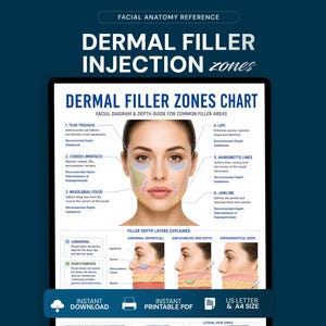 Op de afbeelding: Een anatomische referentiekaart voor het gezicht met de titel DERMAL FILLER INJECTION ZONES. Het document bevat een centraal diagram van een gezicht met zes genummerde gebieden, waaronder traangoten, wangen, neuslippenplooien en de kaaklijn.