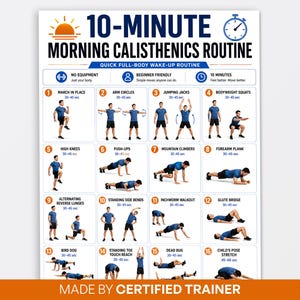 Op de afbeelding: Een wit informatieposter getiteld 10-MINUTE MORNING CALISTHENICS ROUTINE met zestien genummerde oefenillustraties met blauwe en oranje accenten. De kaart toont verschillende lichaamsgewichtoefeningen, tijdsduren en iconen.