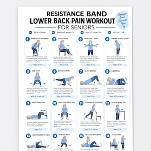 May include: A white instructional poster titled Resistance Band Lower Back Pain Workout for Seniors. It features sixteen numbered illustrations of exercises using a blue resistance band, with text descriptions and repetition counts for each movement.