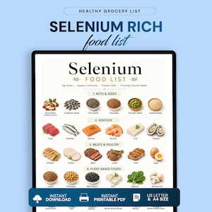 以下が含まれることがあります： ナッツ、種子、魚介類、肉、家禽、植物性食品のカテゴリーを特徴とするSelenium Food Listというタイトルのデジタル文書。チャートには、Eat Smart、Support Immunity、Protect Cells、Promote Overall Healthなどのラベルが付いた様々な食品が表示されています。下部には、インスタントダウンロード、印刷可能なPDF、USレターおよびA4サイズのアイコンが含まれています。
