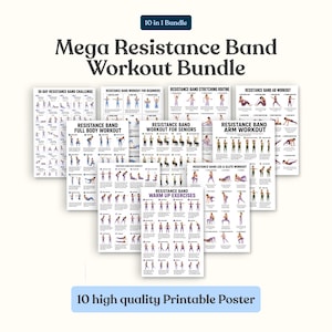 Puede incluir: Un paquete 10 en 1 de pósteres de entrenamiento imprimibles con el título Mega Resistance Band Workout Bundle. La colección incluye diez hojas blancas con texto negro e ilustraciones que demuestran varios ejercicios con bandas de resistencia.