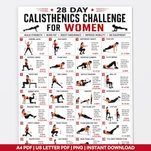 May include: A 28-day calisthenics challenge chart featuring black and red text and illustrations of exercises. The grid displays 28 numbered workout routines with instructions, including jumping jacks, squats, push-ups, and lunges on a white background.