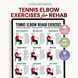Può includere: Una tabella digitale intitolata Tennis Elbow Rehab Exercises che mostra nove passaggi illustrati per la riabilitazione. Il documento include istruzioni per esercizi di polso e avambraccio, con icone per download immediato, PDF stampabile e formato A4.
