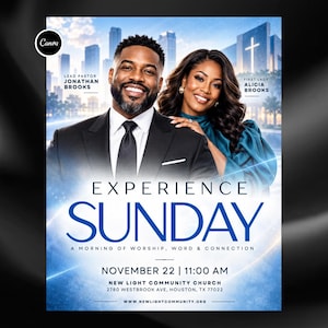 Op de afbeelding: Een kerkelijke evenementenflyer getiteld EXPERIENCE SUNDAY, A MORNING OF WORSHIP, WORD & CONNECTION. Het toont voorganger Jonathan Brooks en First Lady Alicia Brooks tegen een stadsgezicht met een kruis. Details zijn 22 november, 11:00 uur, New Light Community Church, 2780 Westbrook Ave, Houston, TX 77022 en de website.