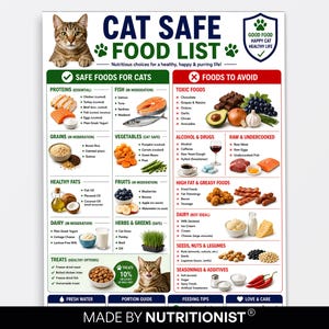 May include: A white informational poster titled CAT SAFE FOOD LIST featuring a brown tabby cat at the top and bottom. The chart is divided into green sections for safe foods like proteins, fish, grains, vegetables, fats, fruits, herbs, and dairy, and red sections for toxic or restricted foods.