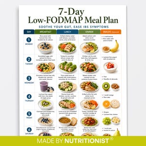 May include: A 7-Day Low-FODMAP Meal Plan chart titled Soothe Your Gut, Ease IBS Symptoms. The grid displays daily breakfast, lunch, dinner, and snack options with food illustrations for Monday through Saturday, ending with a Made by Nutritionist logo.