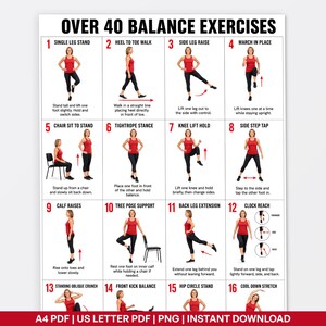 May include: A white instructional poster titled OVER 40 BALANCE EXERCISES featuring sixteen numbered panels. Each panel displays a person in a red tank top and black leggings demonstrating a specific balance movement with text instructions below.