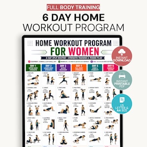 Programme d'entraînement à domicile de 6 jours pour femme PDF imprimable, programme de remise en forme hebdomadaire pour femme, tableau d'exercices complets du corps, format A4 et lettre US