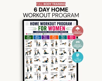 Programma di allenamento a casa di 6 giorni per donne, PDF stampabile, piano di fitness settimanale per donne, tabella di esercizi per tutto il corpo, formato A4 e US Letter