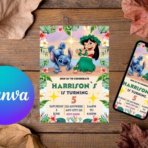 Invito di compleanno a tema Stitch, invito di compleanno a tema Lilo e Stitch, invito di compleanno per ragazze, invito a tema Stitch modificabile
