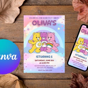 Care Bears Birthday Invitation | Editable Girl Party Invite | 2nd Birthday Invitation | Rainbow Teddy Bear Theme | Canva Template