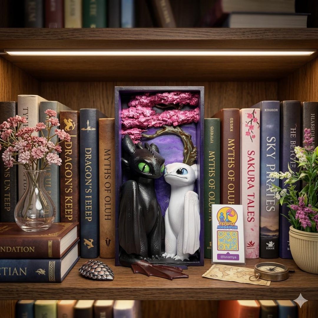 Hand-painted Toothless Light Fury Dragon Book Nook, Romantic Fantasy ...