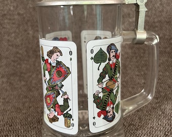 Vintage Beer Stein, Pewter Lid, Clear Glass with Playing Card Design