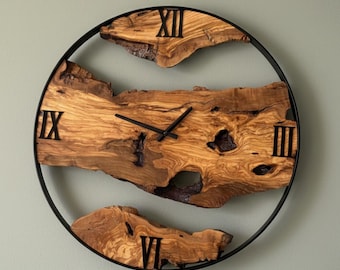 Live Edge Olive Wood Clock | Rustic Metal Frame, Farmhouse Decor