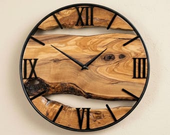 Handgefertigte Wanduhr aus Olivenholz mit Metallrahmen • Rustikale, natürliche Wanddekoration • Maßgeschneiderte einzigartige Holzuhr Perfekt für Zuhause