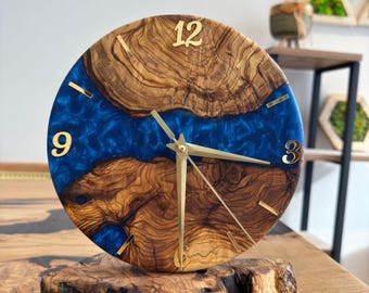 Olive Wood & Blue Resin Desk Clock - Handmade Modern Decor