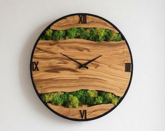 Handmade Olive Wood & Moss Wall Clock | Rustic Metal Frame