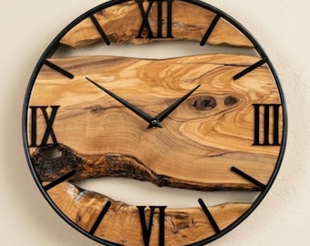 Handcrafted Olive Wood Wall Clock • Rustic Natural Metal Frame Timepiece