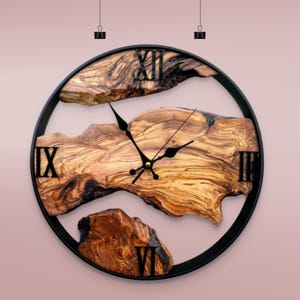 Handmade Olive Wood Wall Clock with Metal Frame - Personalized Nature Art