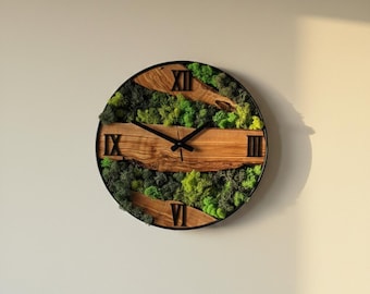 Natural Moss Wall Clock with Olive Wood Design, Handmade Wooden Wall Decor, Eco Friendly Rustic Clock for Living Room Home Office Gift