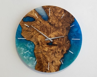 Reloj de pared de resina de madera de olivo, hecho a mano, con arte epoxi, moderno, de madera, con decoración de resina azul, ideal como regalo para el hogar o la oficina.
