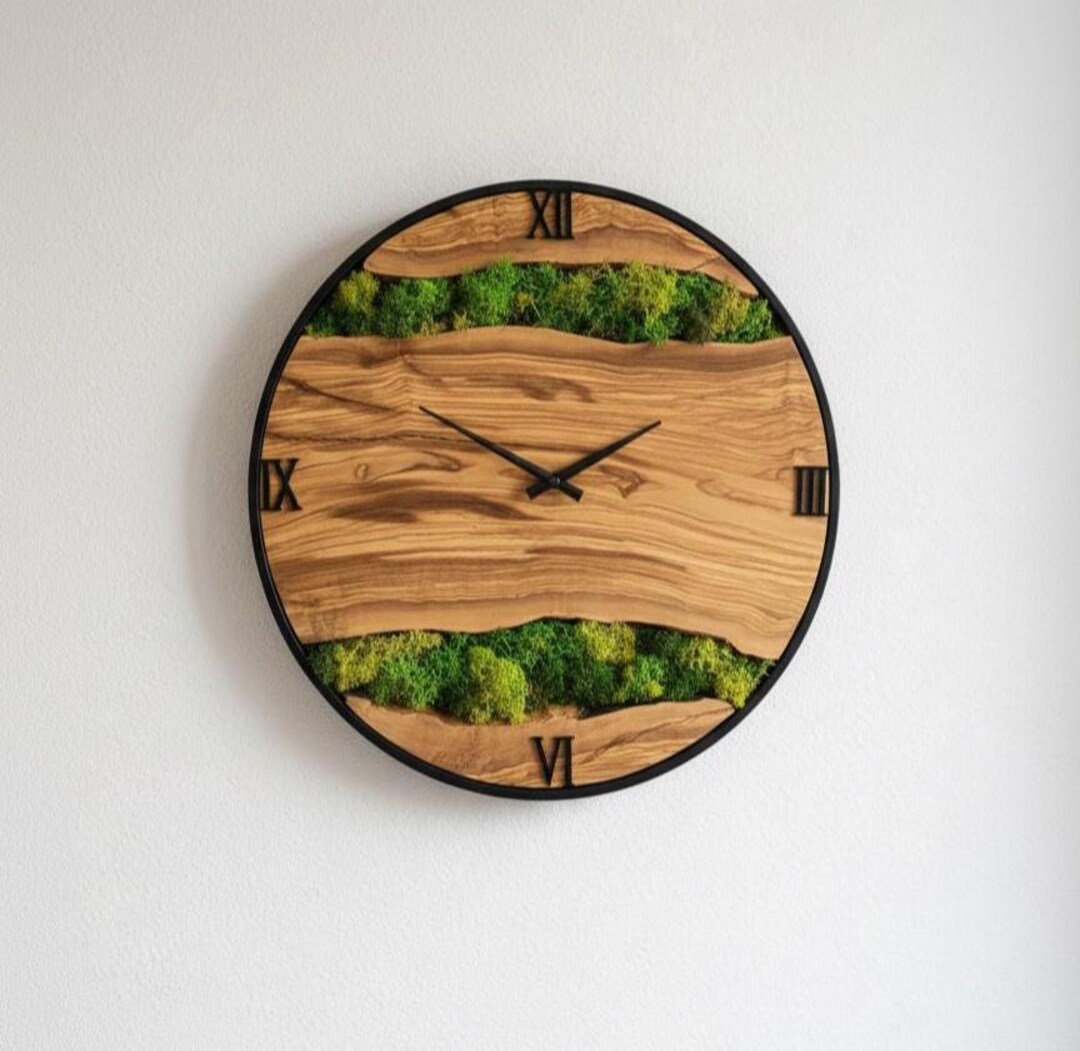 Handmade Olive Wood & Moss Wall Clock | Rustic Metal Frame - Etsy