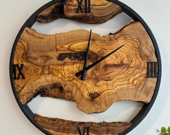 Handmade Olive Wood Wall Clock: Silent Farmhouse Decor