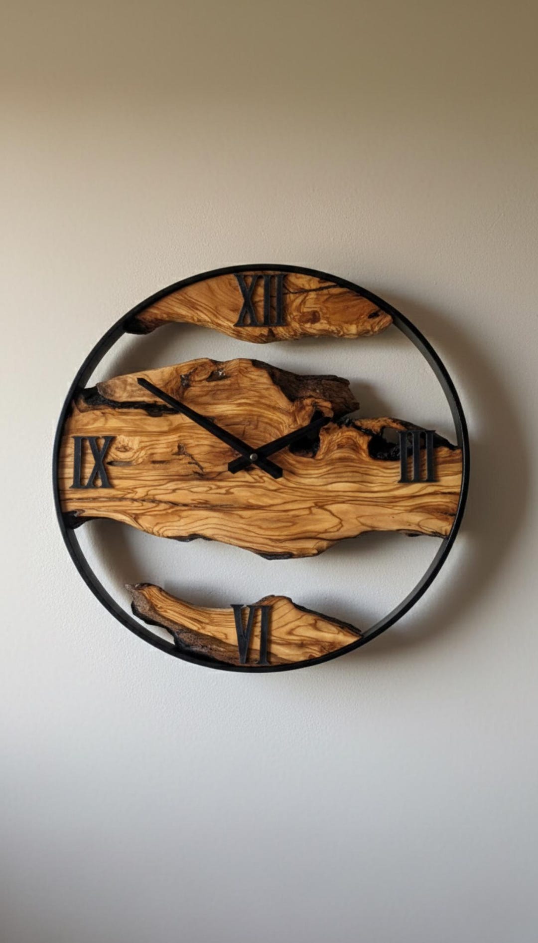 Large Olive Wood Wall Clock With Black Metal Frame, Rustic Live Edge ...