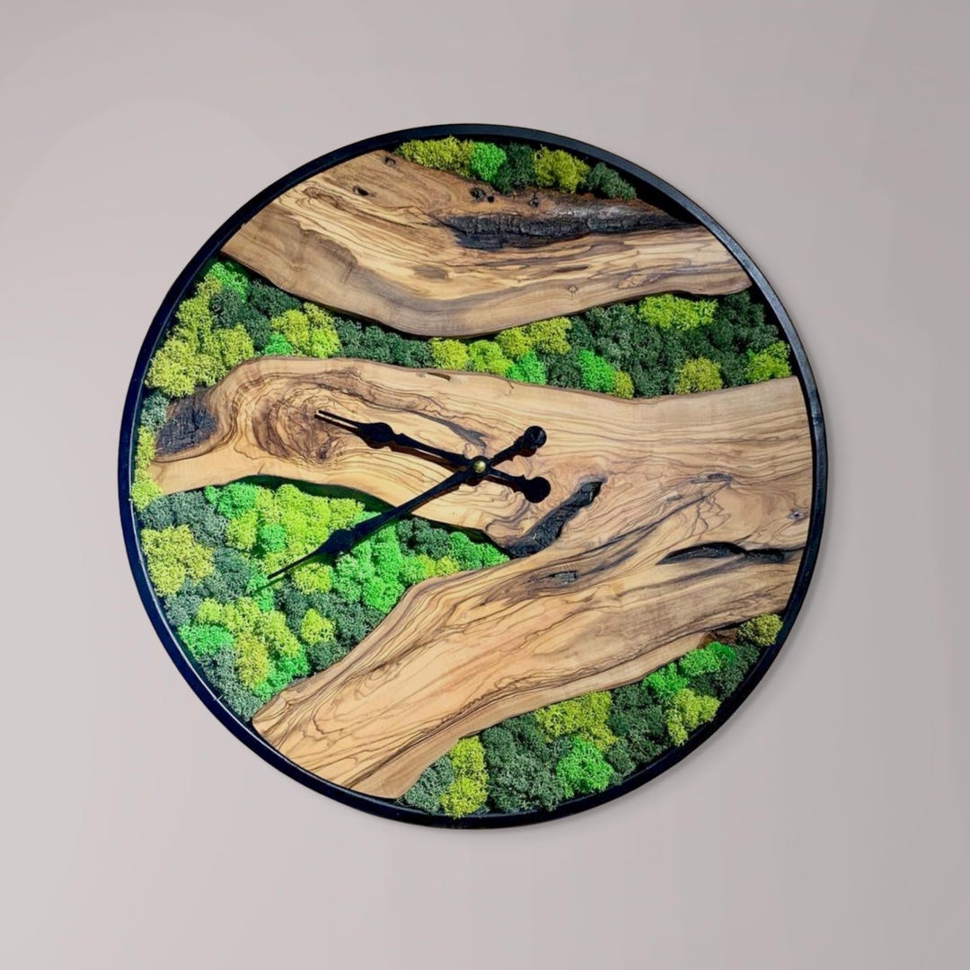 Preserved Moss Wall Clock: Olive Wood & Rustic Metal Frame - Etsy