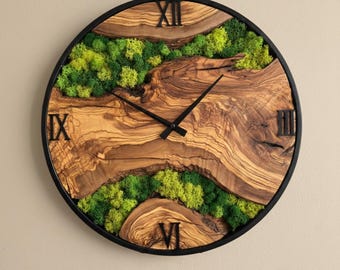 Handmade Olive Wood Moss Wall Clock Rustic Natural Home Decor
