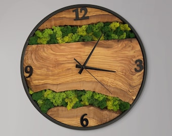 Handmade Olive Wood Wall Clock with Preserved Moss: Rustic Eco Decor